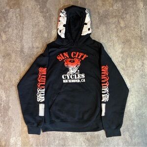 Sin City Cycles Black Skull Hoodie Flame Hooded Sweatshirt Biker Motorcycle L